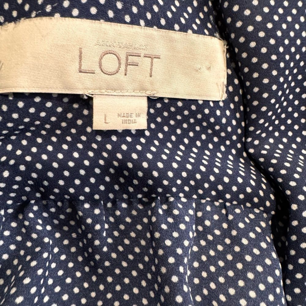 Loft Blue White Polka Dot Chiffon Blouse Large - Picture 5 of 6